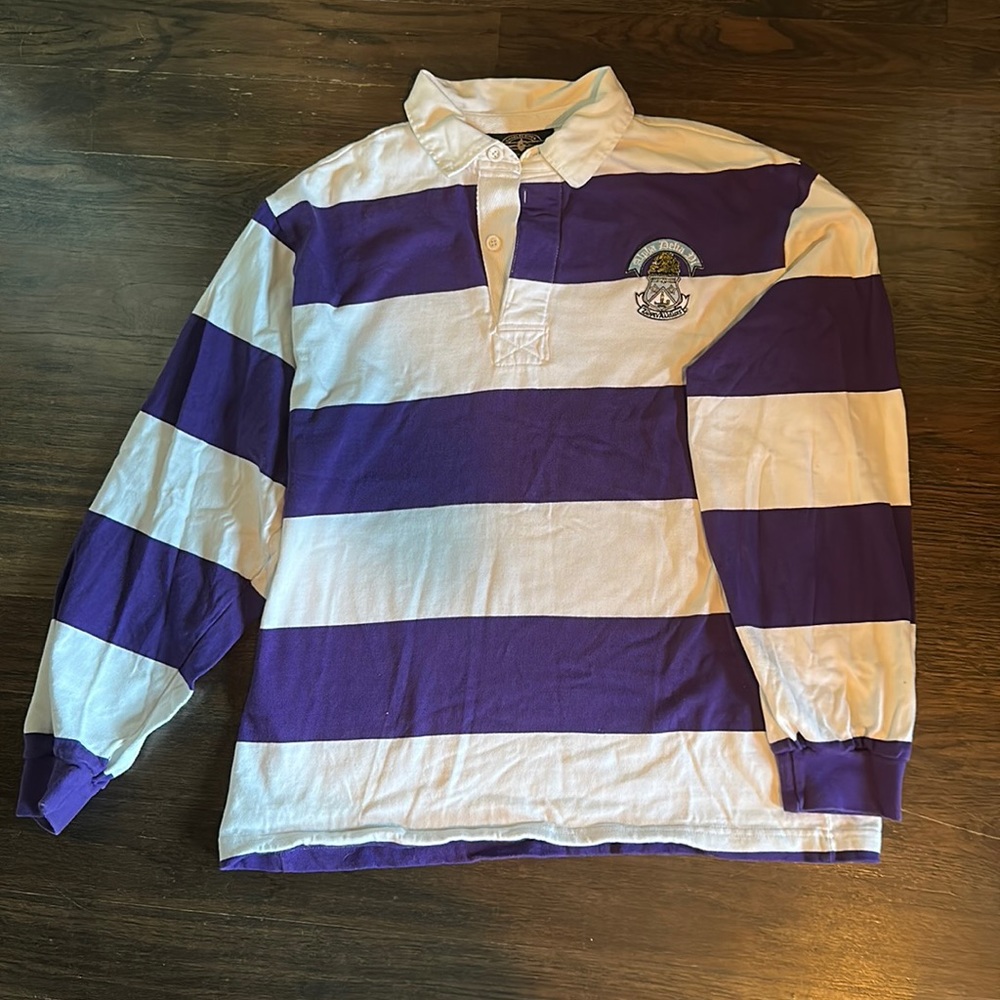 Alpha Delta Pi sorority rugby shirt, ADPi purple and white shirt with crest